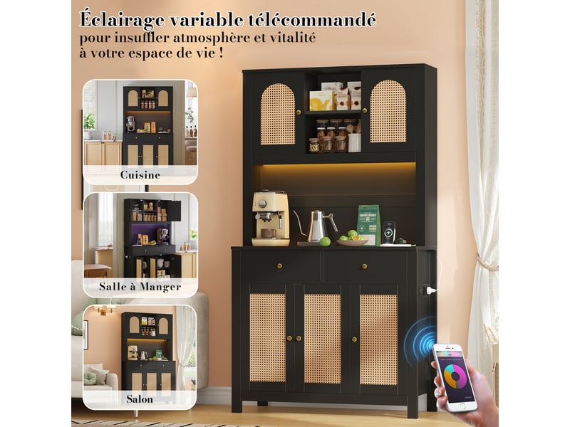 Meuble de cuisine muvano, armoire de cuisine noire avec portes en rotin, 100 × 40 × 180 cm  - Conforama R