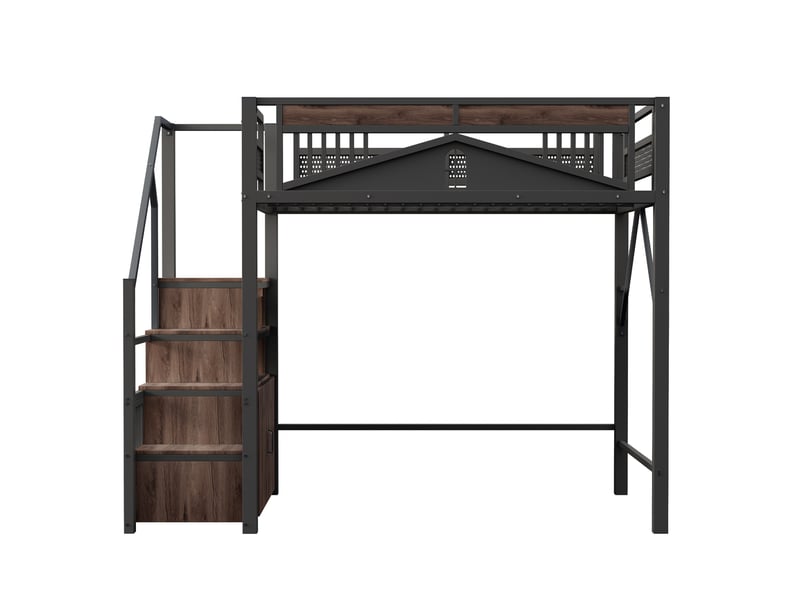  Lit mezzanine avec enceinte sécurisée et fenêtre, métal noir, 140x200 cm, échelle avec casier  - Conforama A