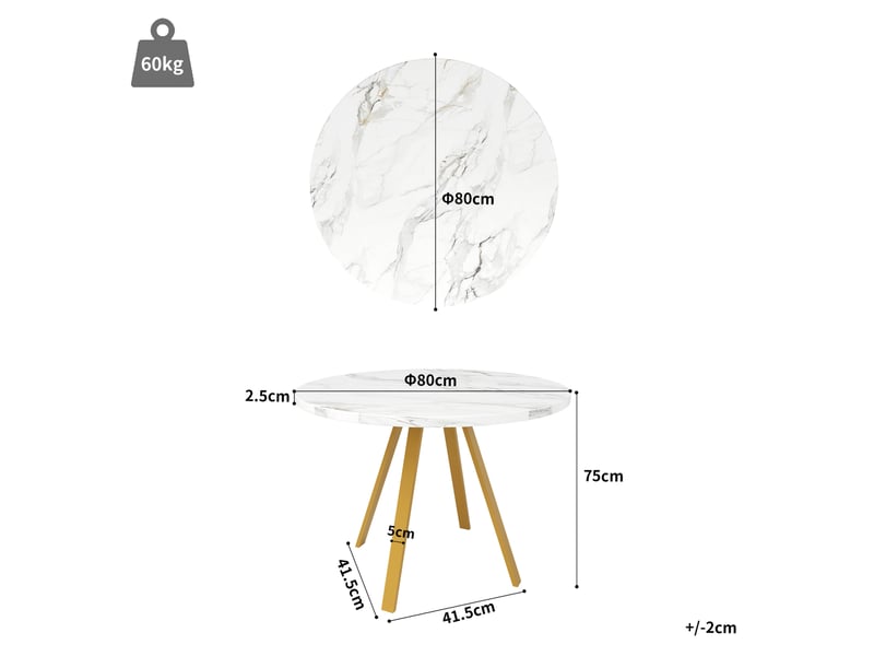 Table à manger ronde ø80 cm en mdf, pieds métal dorés, blanc effet marbre - Conforama C