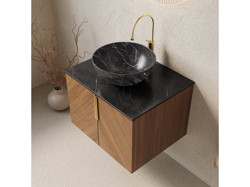  Meuble salle de bain suspendu 61cm, vasque à poser noire en céramique, plan de toilette en pierre frittée pour aménagement de salle d'eau  - Conforama D