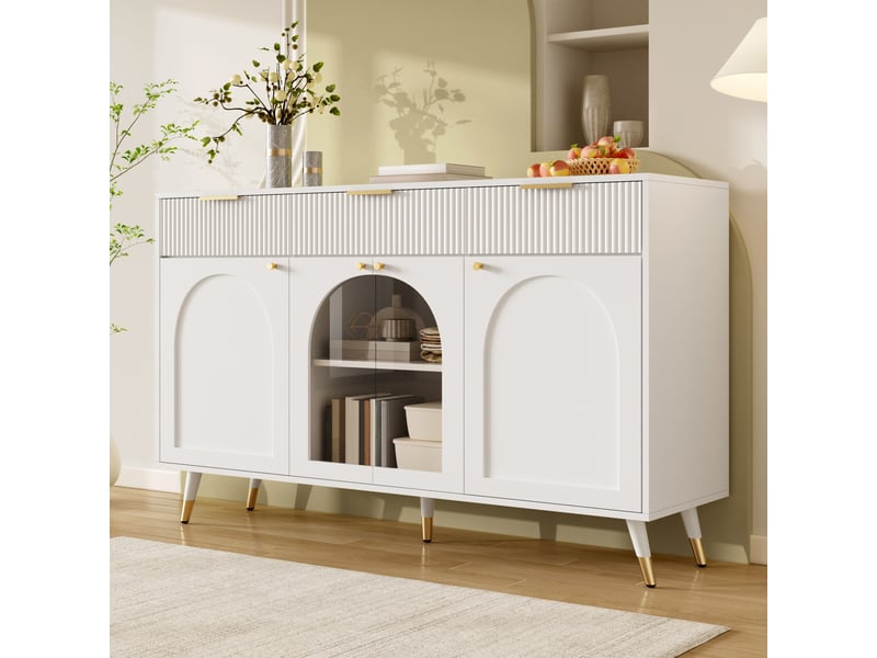 Buffet 4 portes et 3 tiroirs en mdf et panneau de particules blanc 140x40x85.5 cm  - Conforama D