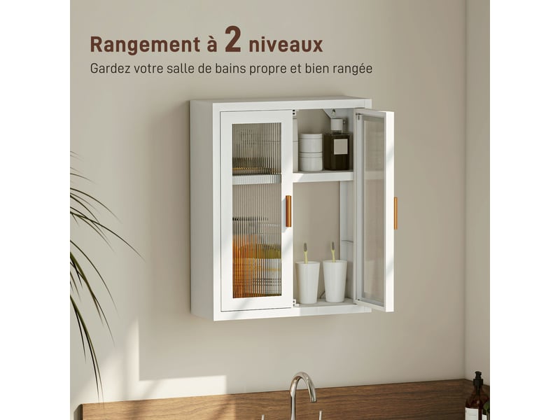  Armoire murale de salle de bain, meuble haut salle de bains avec 2 portes cannelées, étagère réglable, 40x14x50cm, blanc  - Conforama D