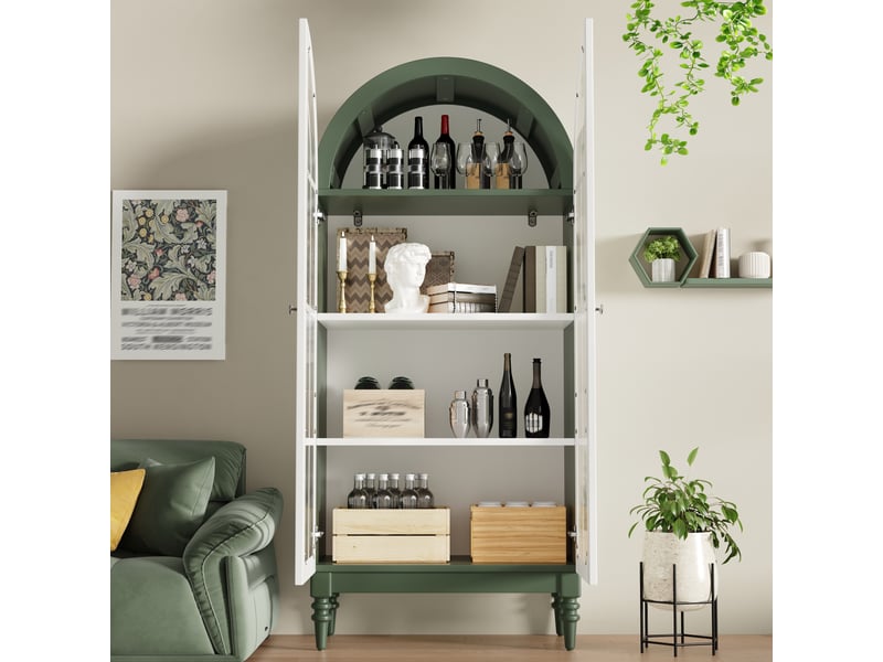  Vitrine haute arche-armoire vitrine verre cannelé campagne-3 niveaux portes doubles esprit montmartre-76x38,5x165-vert foncéblanc  - Conforama B