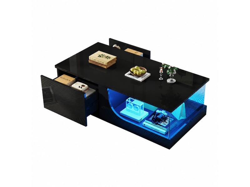  Table basse led noire avec 2 tiroirs, mdf et verre trempé, 100 x 50 x 30 cm, noir  - Conforama A