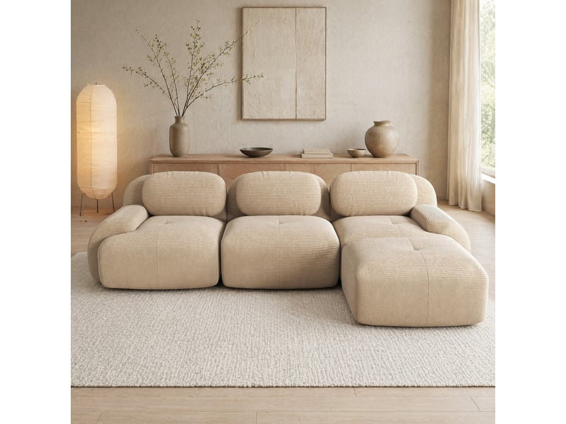  Canapé d'angle modulaire ulevr 3 places sans montage, méridienne, velours côtelé beige, 298 x 178 x 70 cm  - Conforama D