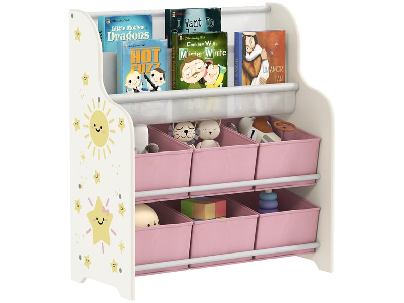  Meuble de rangement pour jouets avec 6 tiroirs en tissu et bibliothèque à 2 niveaux, bois et acier, 63 x 30 x 71 cm, rose  - Conforama A