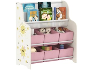 Meuble de rangement pour jouets avec 6 tiroirs en tissu et bibliothèque à 2 niveaux, bois et acier, 63 x 30 x 71 cm, rose
