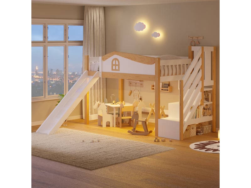  Lit superposé 90x200 cm avec led, garde-corps échelle et rangements, lit enfant avec sommier à lattes en mdf et pin blanc  - Conforama D