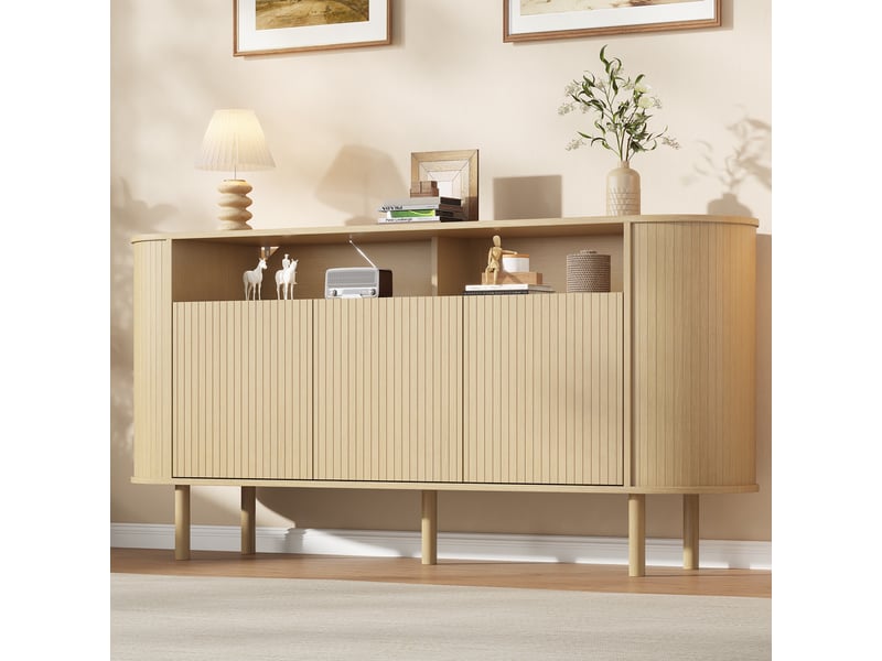  Buffet - 160x40x78,5cm - buffet de salon bas avec 3 portes côtelées ondulées, 2 niches &amp; 5 pieds bois - bois naturel  - Conforama B