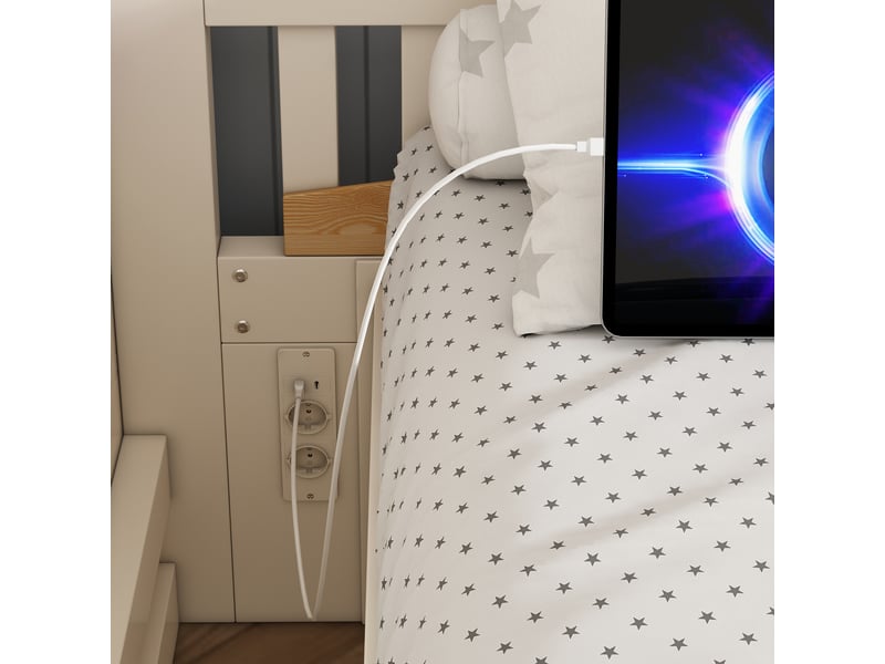  Lit superposé enfant 90140x200 - lit familial décalé - coffre hydraulique - escalier rangement - usb-c  - blanc et naturel  - Conforama D