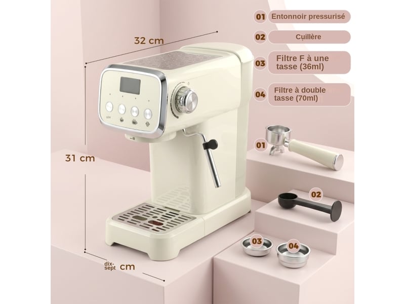  Machine à Expresso Porte-Filtre 20 Bars avec Buse Vapeur Lait Réservoir d'Eau Amovible 1,2L Compact Inox Beige  - Conforama C