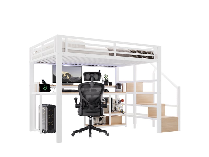 Lit mezzanine 140x200 cm, structure en métal et bois, coloris blanc, rangements intégrés, éclairage led, ports usb et usb-c, échelle fixe - Conforama A