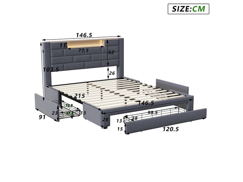  Lit 140x200cm - lit double 160x200cm - lit adulte tête de lit niche avec led et usb type-c et 3 tiroirs de rangement - velours gris  - Conforama E
