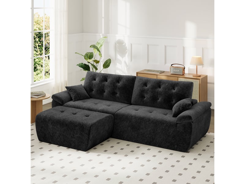  Canapé modulable en chenille noir mousse haute densité avec pouf,canapé salon 275cm style nuage confortable,compressé sans montage 275x174x66CM - Conforama B