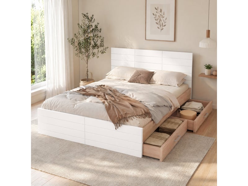  Lit double 200×160 cm avec 2 tiroirs et rangement sous le lit, sommier inclus, sans matelas, blanc et chêne clair  - Conforama B