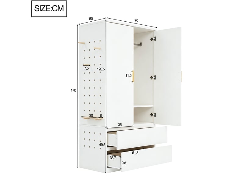 Armoire avec penderie, 2 tiroirs et rangements dissimulés, panneau perforé pour chambre, blanche, 70 × 50 × 170 cm - Conforama E