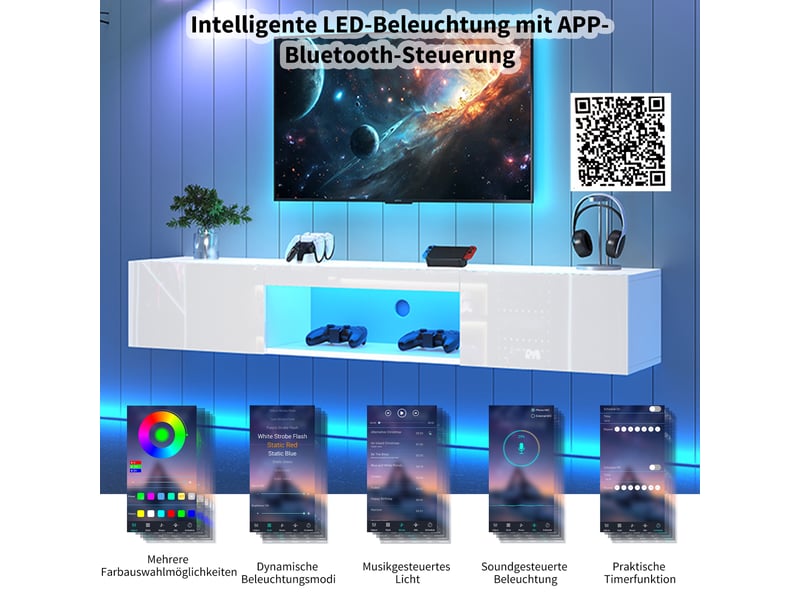 Meuble tv mural blanc brillant, éclairage led bluetooth, meuble tv suspendu pour téléviseur jusqu'à 70 pouces, 160 x 31 x 22 cm - Conforama R