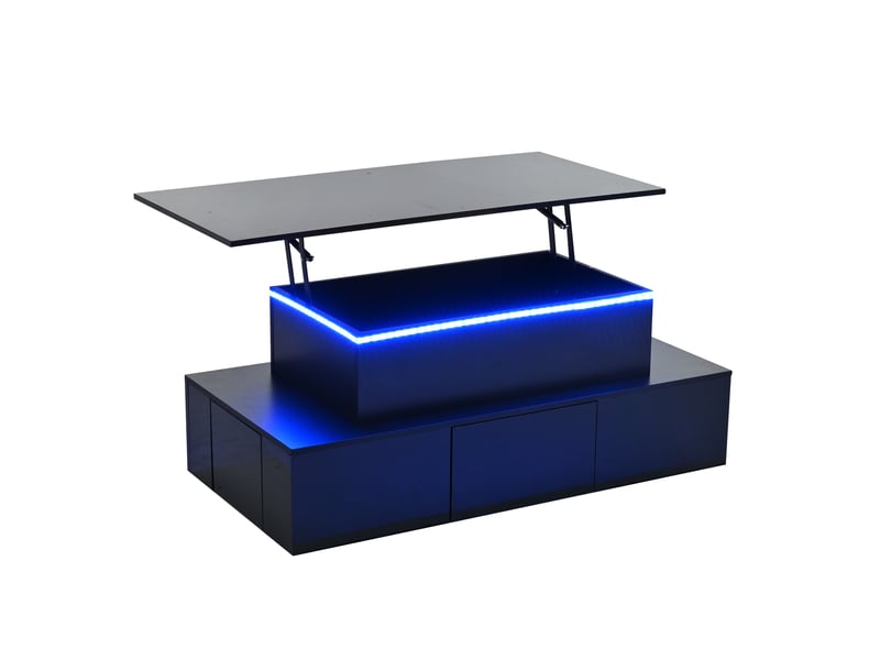 Table basse à plateau relevable, noire, 100 x 50 x 40 cm, 4 tiroirs, led et rangement caché - Conforama D