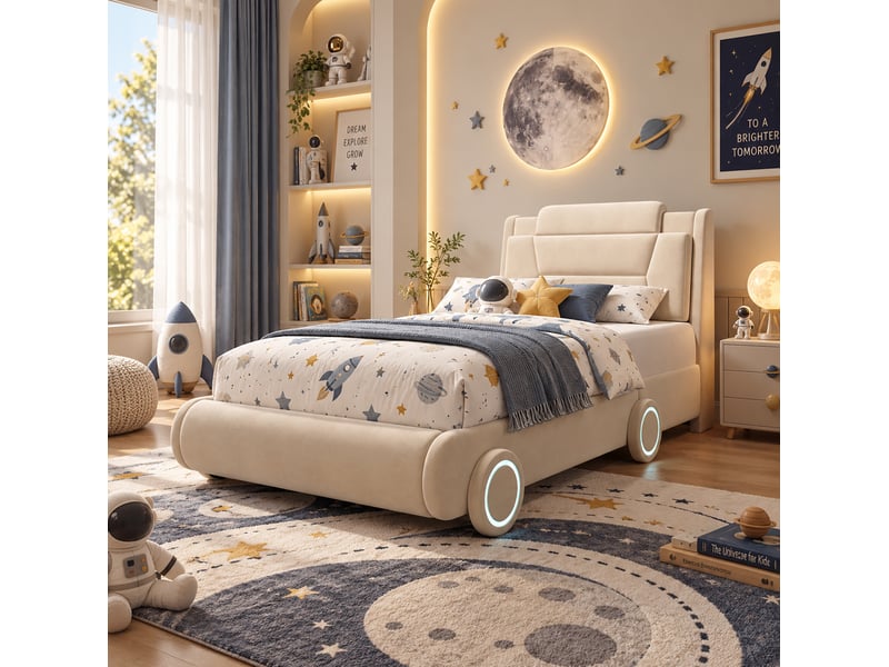  Lit enfant voiture 90x200 cm, tête de lit réglable 2 hauteurs, roues lumineuses, velours beige crème, sans matelas  - Conforama B