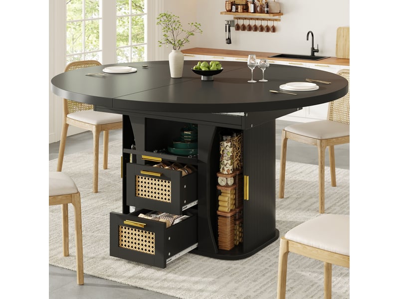  Table à manger extensible 118158x118x77.1 cm avec tiroirs aspect rotin en mdf noir  - Conforama C