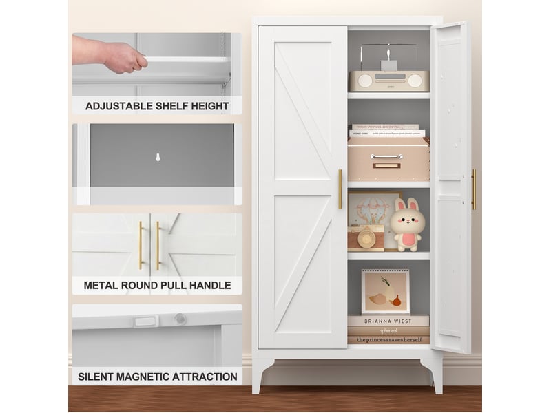  Buffet haut 120x60x30 cm, en métal avec 2 portes et tablettes réglables, style moderne, pour la maison, coloris blanc  - Conforama E