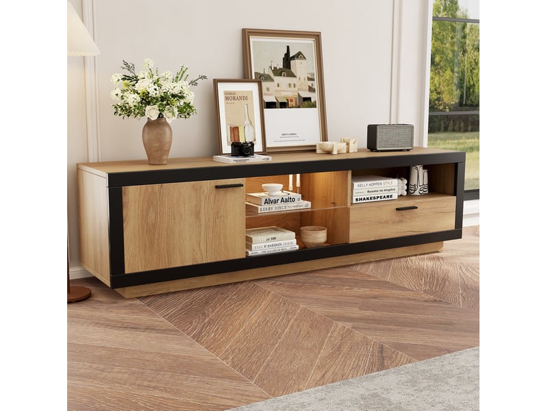  Meuble tv modenvie led 160 x 40 x 50 cm avec rangement noir et chêne  - Conforama D
