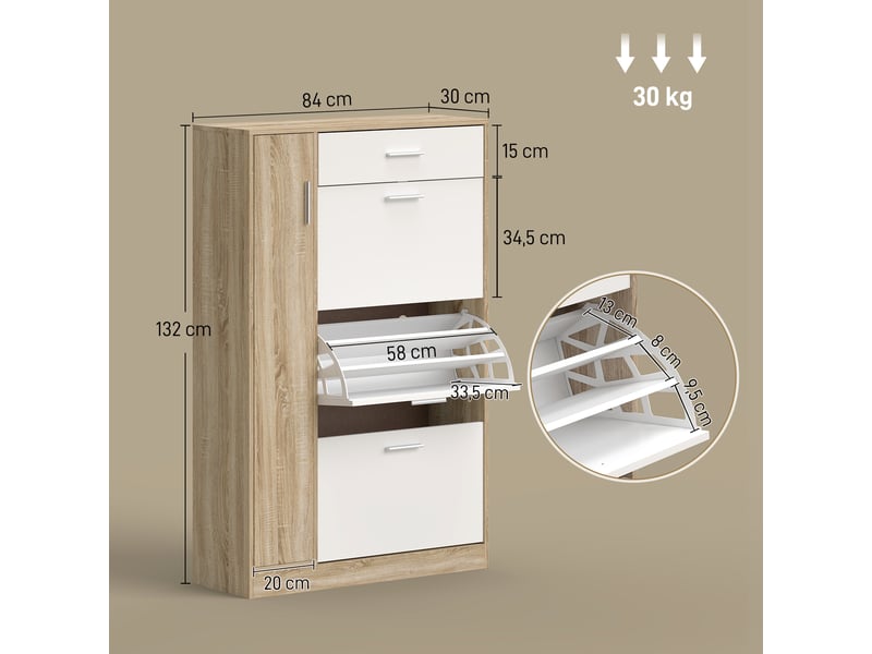  Meuble à chaussures à trois portes pour 18 à 27 paires de chaussures, étagère à chaussures moderne avec tiroir et porte, 84 x 30 x 132 cm, naturel  - Conforama E