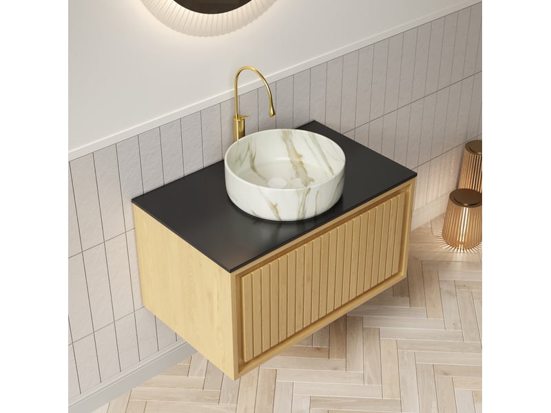  Meuble sous vasque suspendu avec grand tiroir amorti, plan en pierre frittée et vasque en céramique, salle de bain  - Conforama B