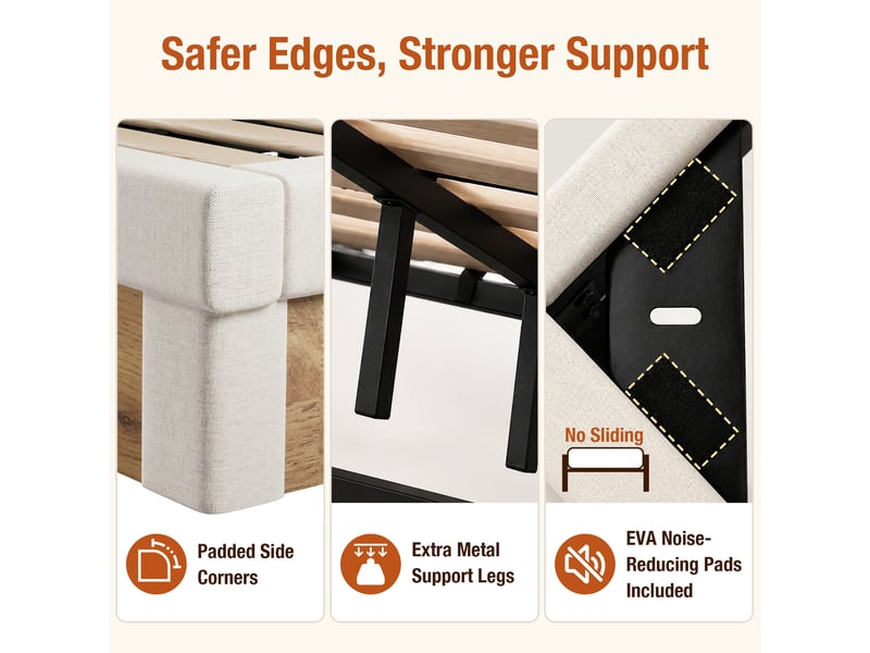  Lit coffre 160x200 avec sommier à lattes, led et usb, lin beige et effet bois  - Conforama E
