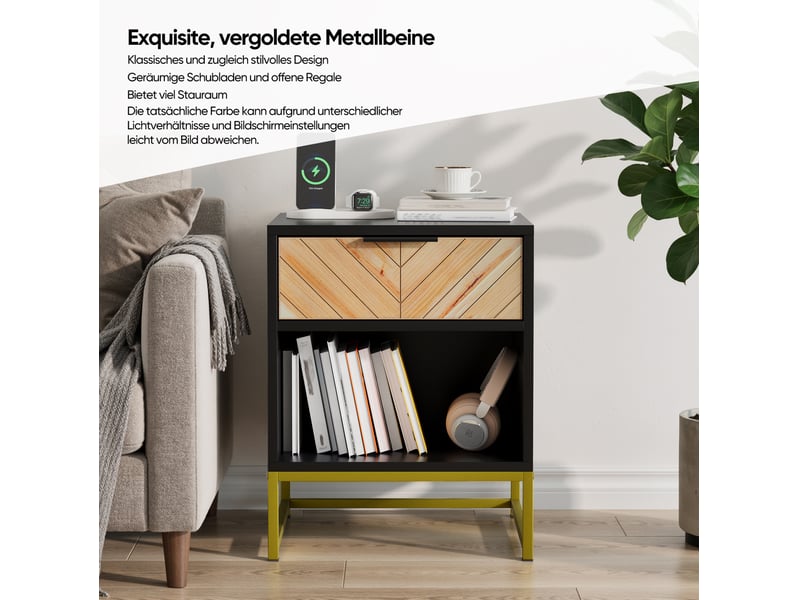  Table de chevet moderne 43x40x55 cm, 1 tiroir et 1 niche, meuble de chambre, pieds métal, entrée, mdf, noir et naturel  - Conforama D