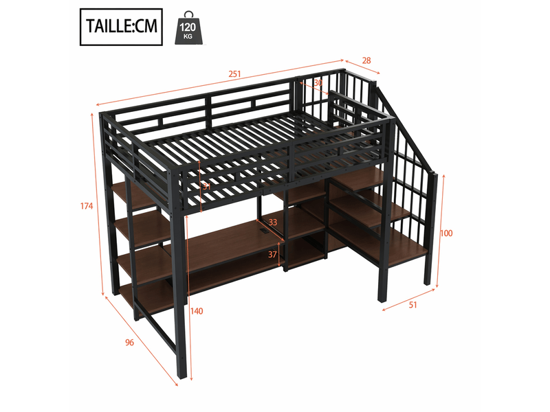  Lit mezzanine lit simple 90x200 cm en métal et mdf avec meuble tv, prise et échelle de rangement, noir  - Conforama D