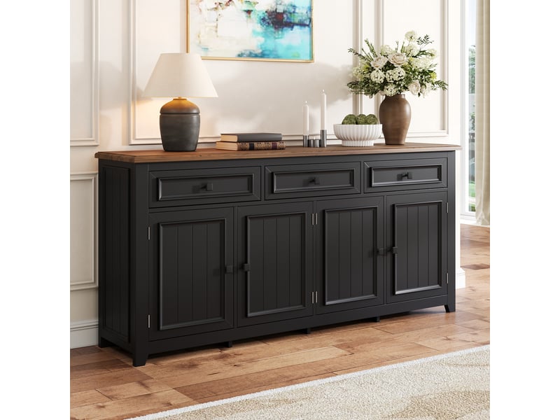  Buffet avec 4 portes, 3 tiroirs et étagères réglables pour salon en mdf 160×35×76 cm noir  - Conforama D