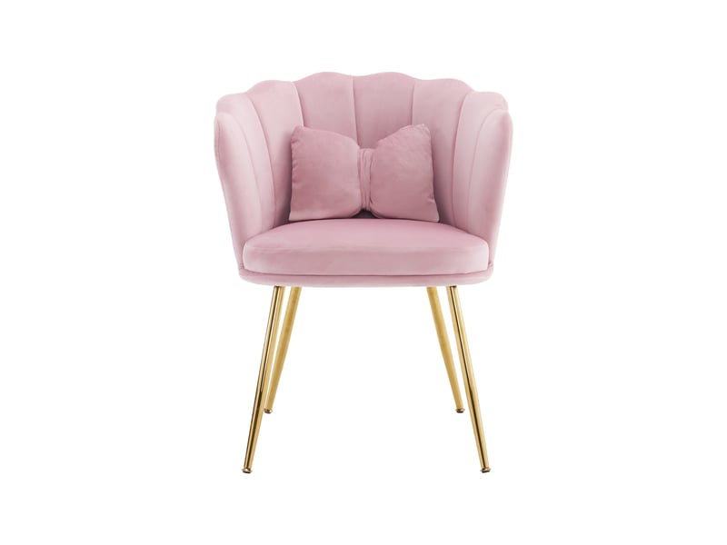 Fauteuil moderne en velours, dossier pétale, pieds métal doré et coussin papillon - Conforama A