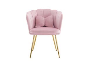Fauteuil moderne en velours, dossier pétale, pieds métal doré et coussin papillon