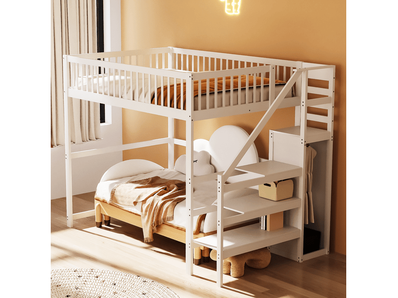  Lit mezzanine enfant 140x200 cm blanc avec échelle, rangements et armoire  - Conforama E