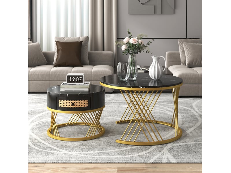 Lot de 2 tables basses rondes gigognes avec tiroir, effet marbre noir et pieds dorés - Conforama D