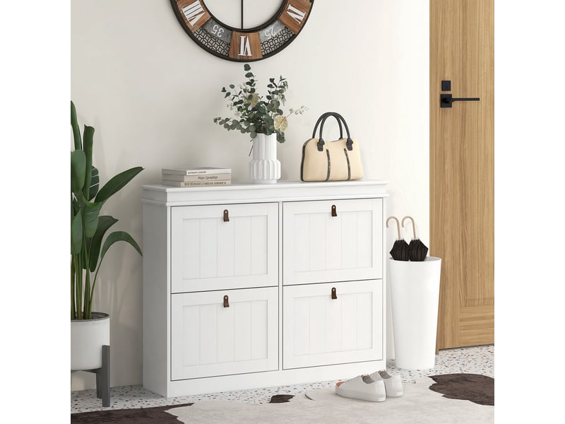 Meuble à chaussures 20 paires, armoire à chaussures, 4 tiroirs rabattables, étagères réglables, 105x24x82,5cm, blanc - Conforama C