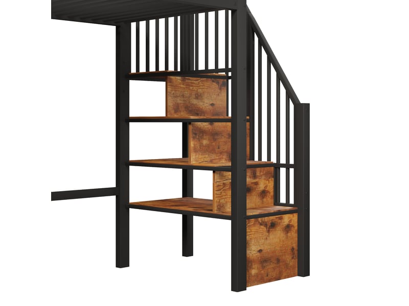 Lit mezzanine 90x200 cm, escalier avec rangements, étagère et panneau façon fenêtre, structure en métal et mdf, noir - Conforama E