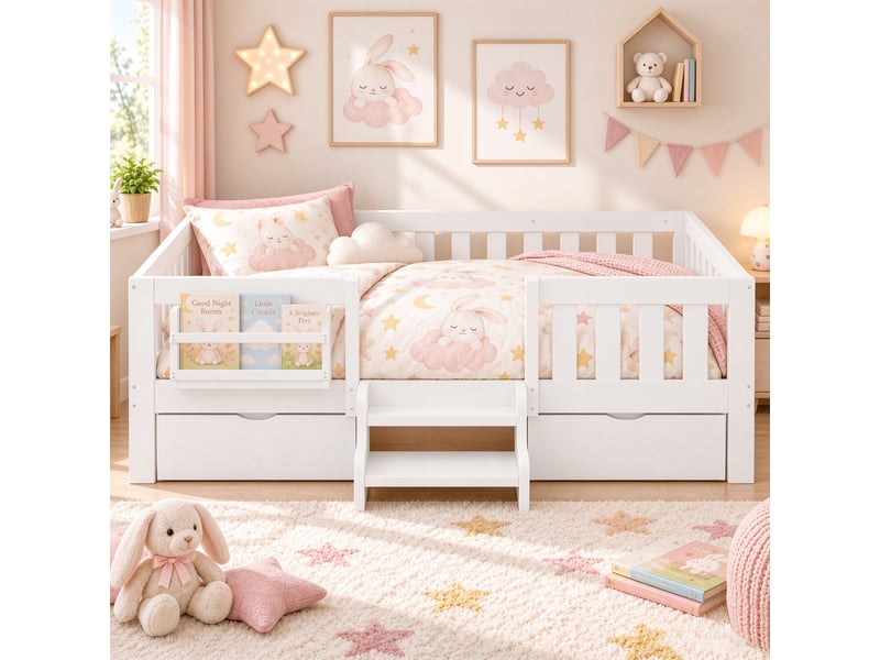  Lit enfant 90x200 cm, lit avec rangement, 2 tiroirs, bibliothèque, marche 2 niveaux, barrières, sommier, blanc CozyNest - Conforama D
