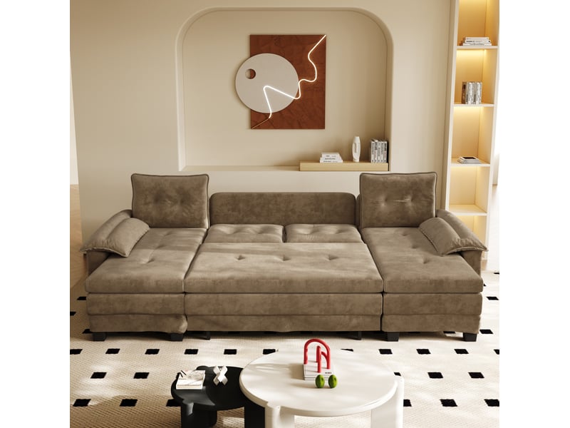  Canapé panoramique convertible 4 places kaki en chenille avec lit gigogne et ports usb  - Conforama C