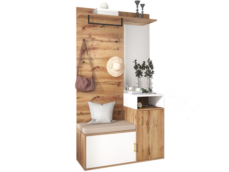  Portemanteau avec banc et rangement 105 x 190,5 cm en mdf blanc et bois  - Conforama R