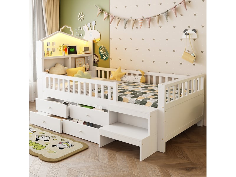  Lit cabane enfant 90x200 avec 4 tiroirs et led evryae  - Conforama D