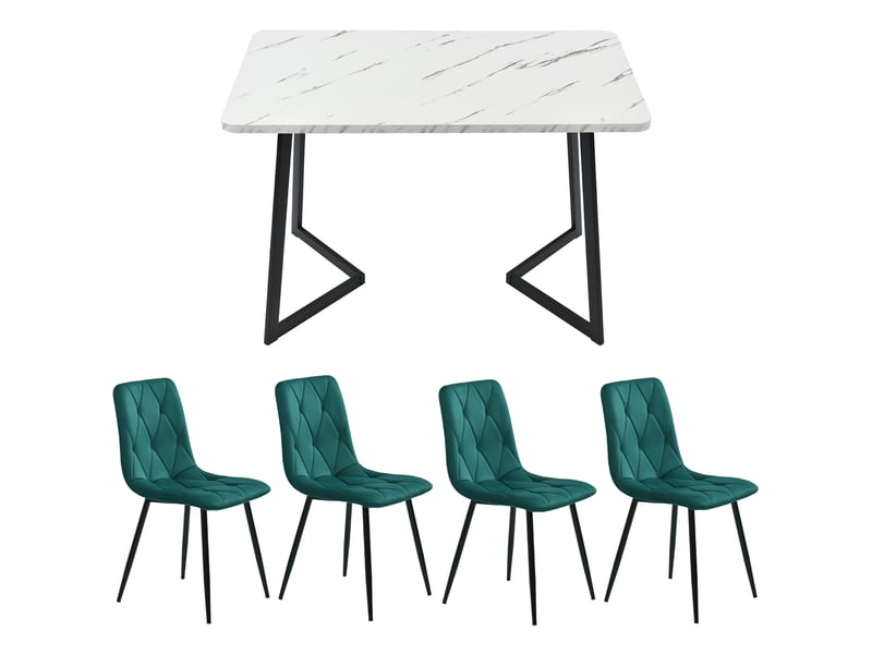  Ensemble table à manger avec 4 chaises, table rectangulaire blanche effet marbre 117 x 68 cm, velours vert émeraude  - Conforama E