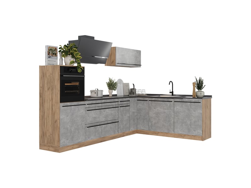  Vicco cuisine en angle, bétonchêne doré, 287 x cm plan de travail marbre  - Conforama E