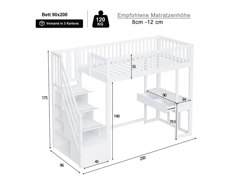 Lit mezzanine 90x200 blanc, lit mezzanine avec bureau et escalier de rangement, cadre en pin massif pour enfant et ado. - Conforama R