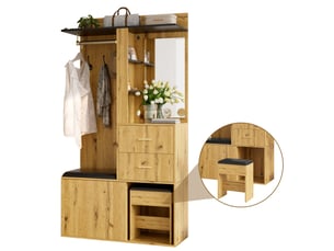 Meuble d’entrée avec miroir, éclairage led réglable par application, penderie, banc à chaussures et rangement