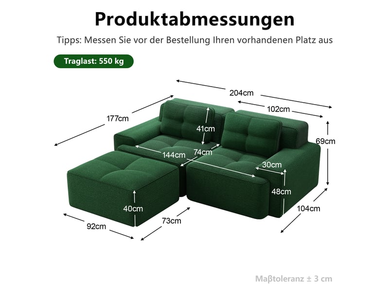  Canapé modulable d'angle en l,204x177x69cm,canapé 2 places sans structure avec 1 pouf,en velours côtel,rembourrage haute densité 32d - vert  - Conforama C