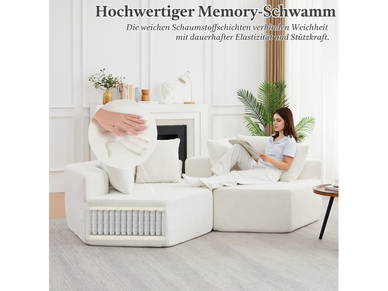  Fauteuil modulable hexagonal avec 3 coussins et assise moelleuse, design polyvalent, en chenille beige  - Conforama E