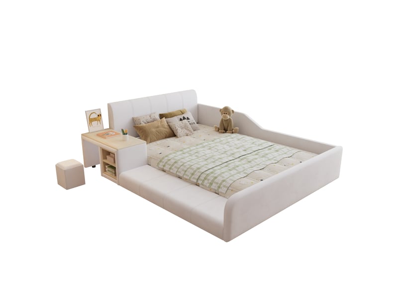 Lit enfant rembourré avec bureau et tabouret en velours blanc 140 x 200 cm - Conforama A
