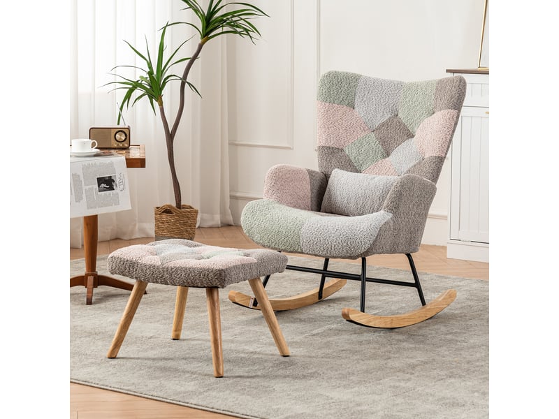  Fauteuil à bascule coloré 93 cm avec repose-pieds et coussin lombaire – assise 43 cm, base bois de caoutchouc stable  - Conforama B
